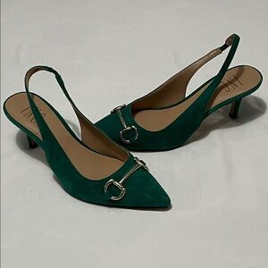 INC “Caryn” Green Suede Slingback Pumps w/ Gold Horsebit Hardware